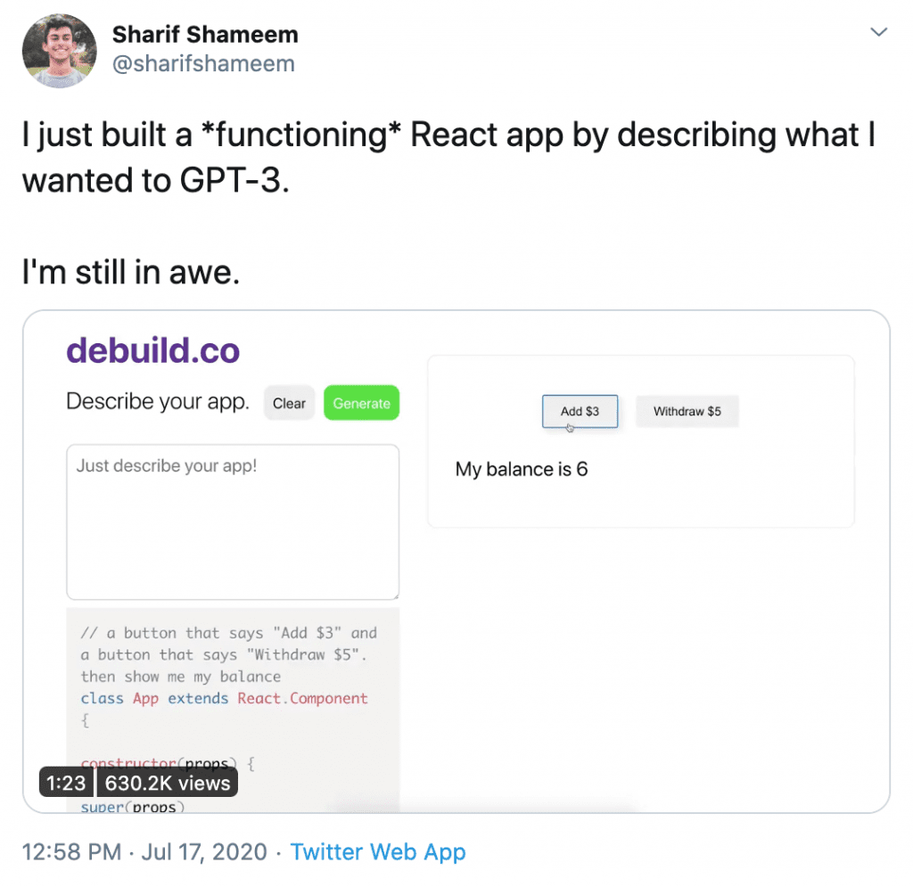 Sharif Shameem: I just built a functioning react app by describing what I wanted to GPT-3.