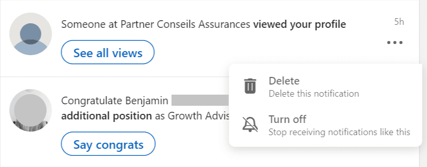 Screenshot from LinkedIn notifications, with the option “Turn off - Stop receiving notifications like this”
