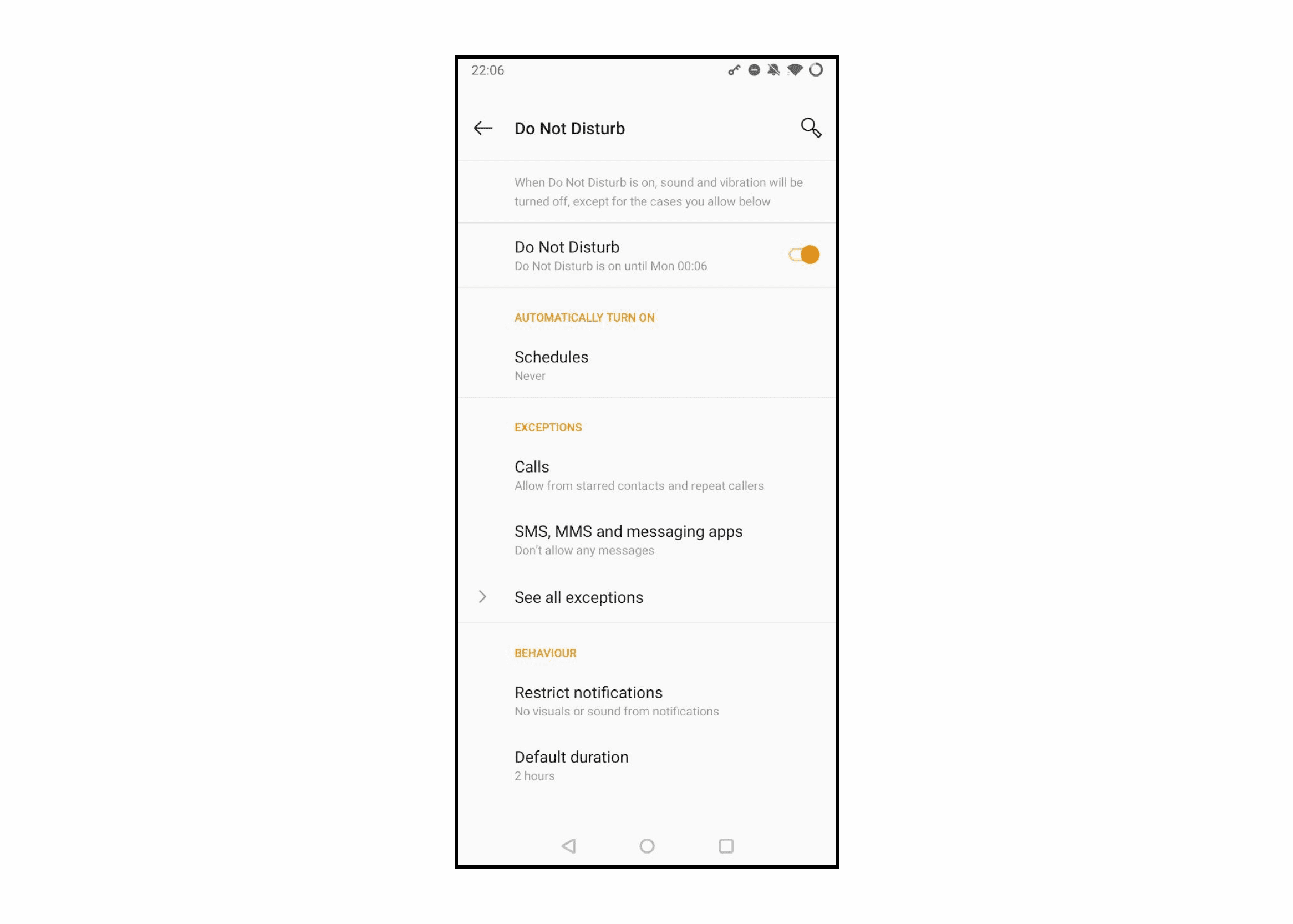 Screenshot from my phone’s “Do not disturb” settings, with the many options it offers: automatically turn on at a scheduled time, exceptions, behaviour, etc.