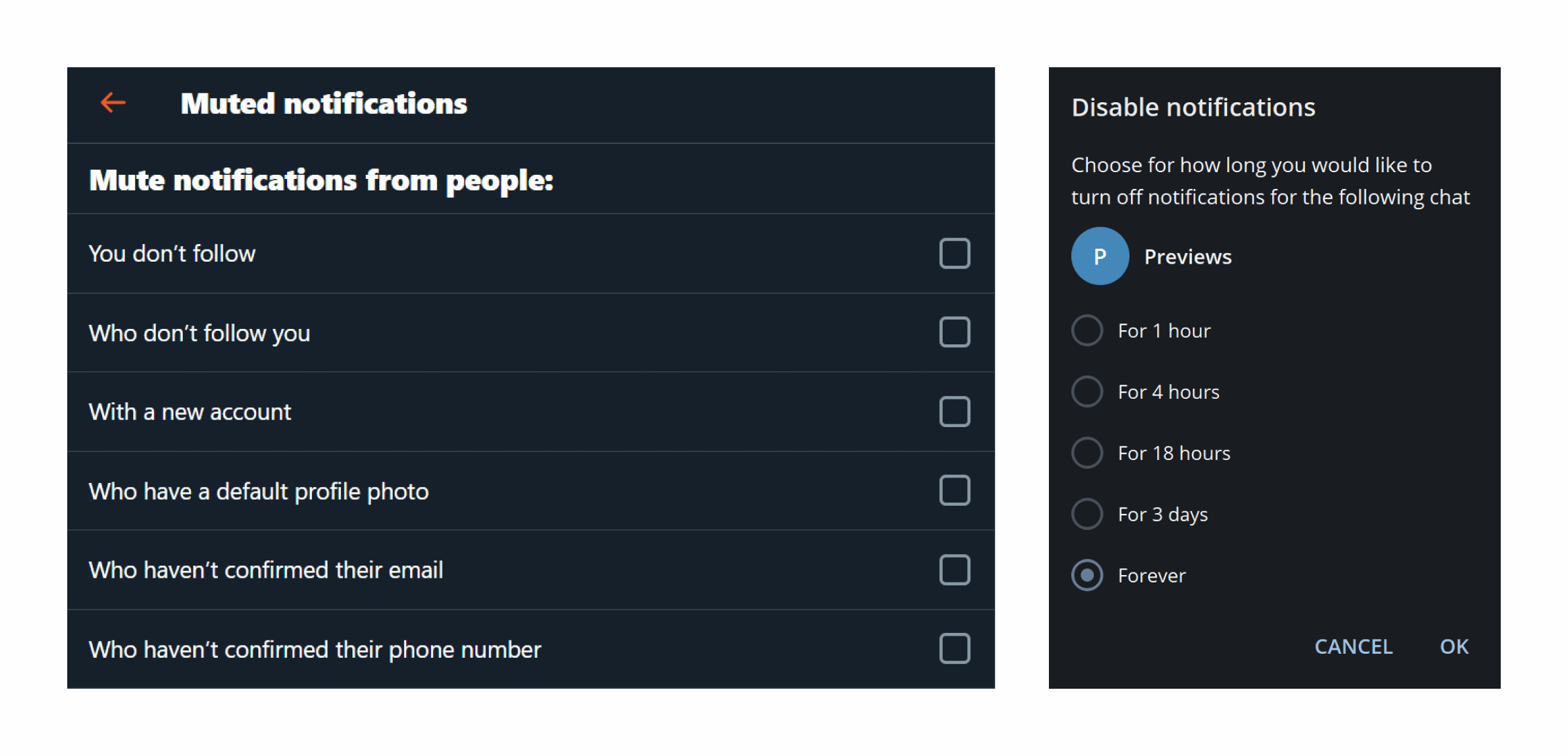 2 screenshots from Twitter and Telegram, on how their allow to mute notifications: on different topics, and for different periods of time