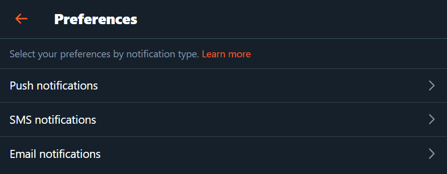 Screenshot from Twitter’s preferences panel, where users can choose to activate or not push notifications, SMS notifications, and email notifications