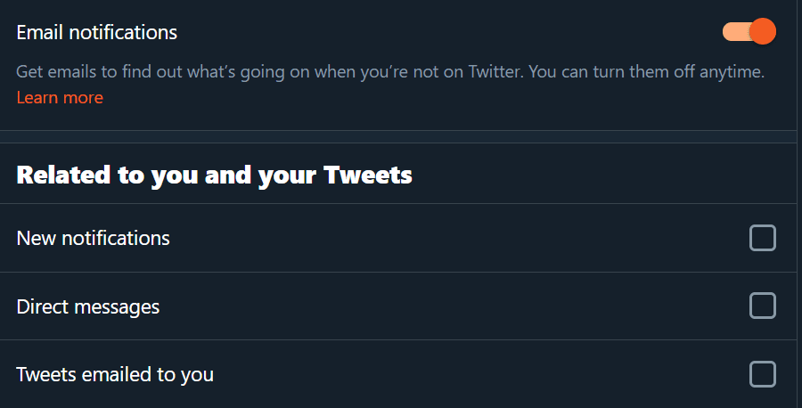 Screenshot from Twitter’s settings, where users can activate email notifications or not, and check what topic they want communications on